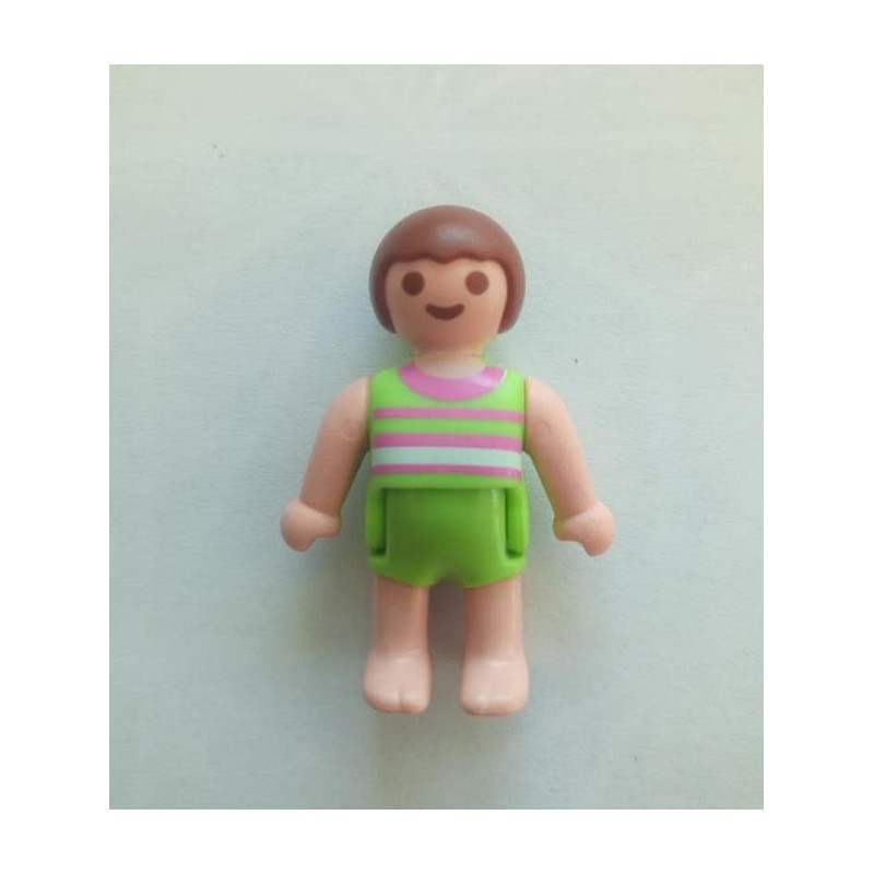 Playmobil Bébé vert brassière rayée rose et blanc bras et pieds nus cheveux  marrons
